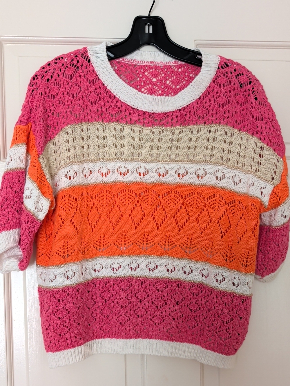 Women's Pink & Orange Open-Knit Stripe Sweater